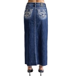 Miss Me Women’s Y2K Fleur-de-Lis Mid-Rise Dark Denim Maxi Skirt